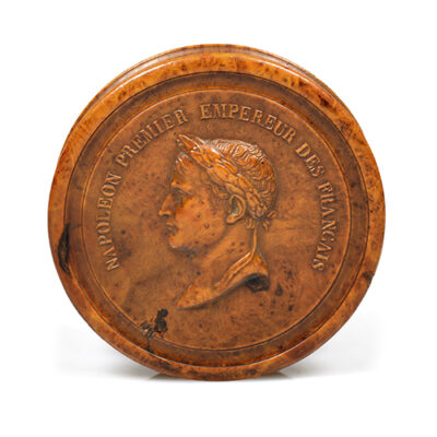 A French Burr Walnut Snuff Box with portrait of Napoleon, ca. 1825