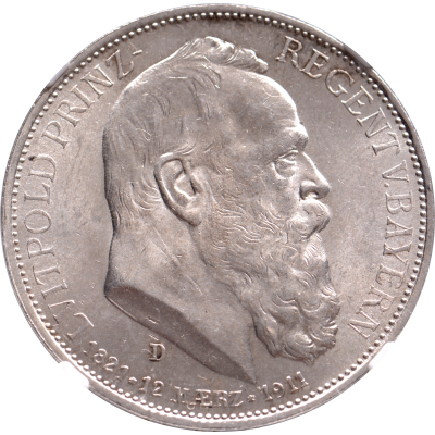 3 mark 1911D Bayern, Germany "90th Birthday of Luitpold" NGC MS63