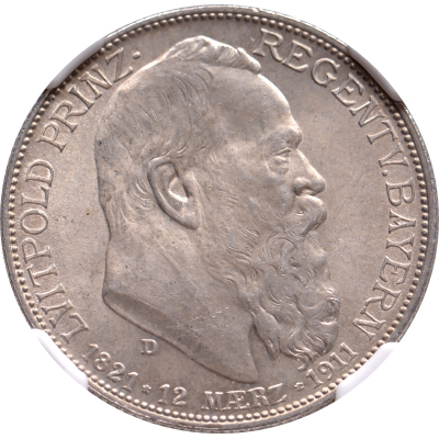 2 mark 1911D Bayern, Germany "90th Birthday of Luitpold" NGC MS63+