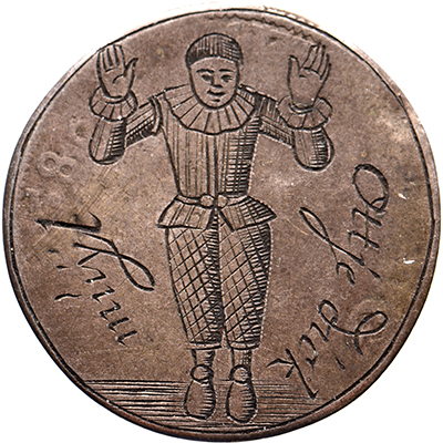 Z.j. (17e/18e eeuw). Gegraveerde penning met harlekijn op 1/20 Leicesterreaal of stoter Holland 1586