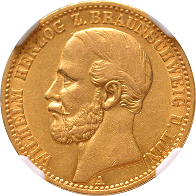 20 mark 1875A Braunschweig, Germany NGC AU 58